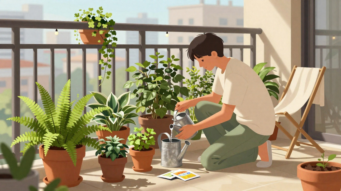 Pessoa a regar plantas em vasos numa varanda ensolarada com cadeira de descanso.
