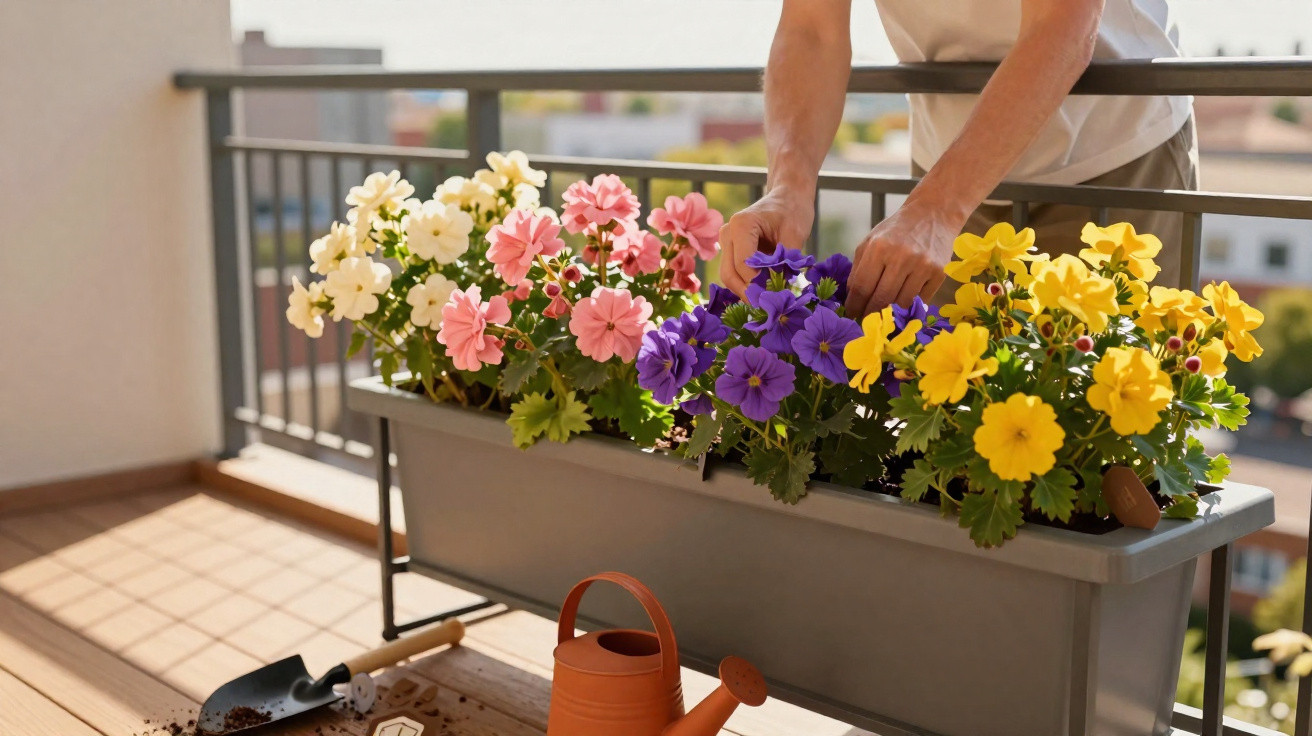 Pessoa a cuidar de flores coloridas plantadas numa varanda ensolarada, com regador e pá no chão.
