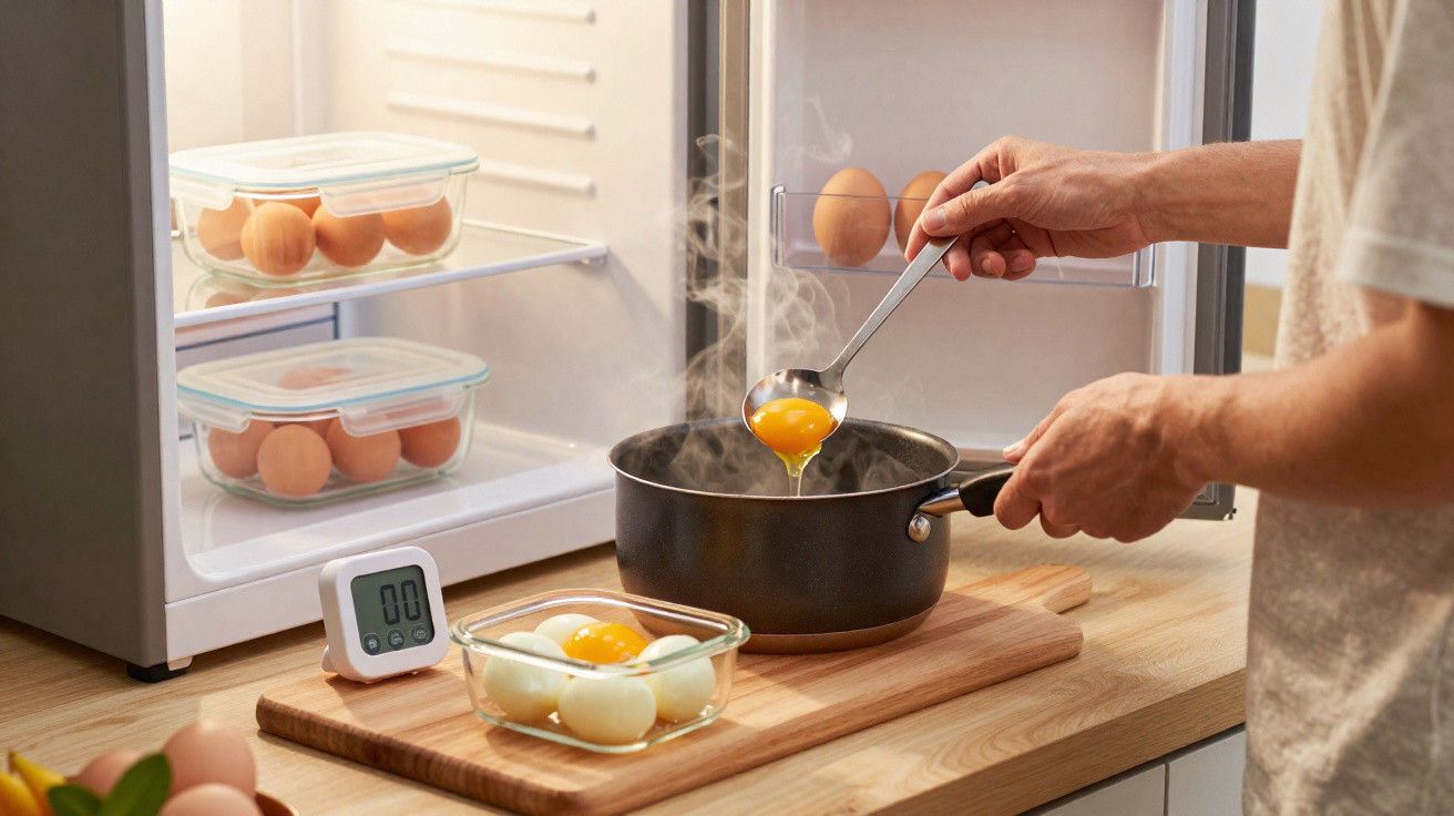 Pessoa a cozinhar ovos com colher junto a tacho fumegante, ovos cozidos e recipientes com ovos no frigorífico aberto.