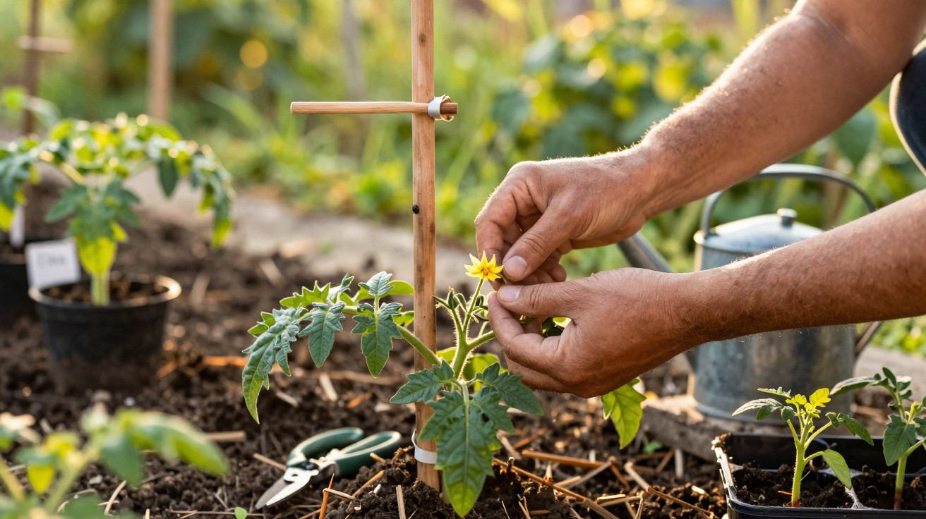 Mãos a cuidar de uma planta de tomate com flor amarela num jardim, com regador e tesoura ao fundo.