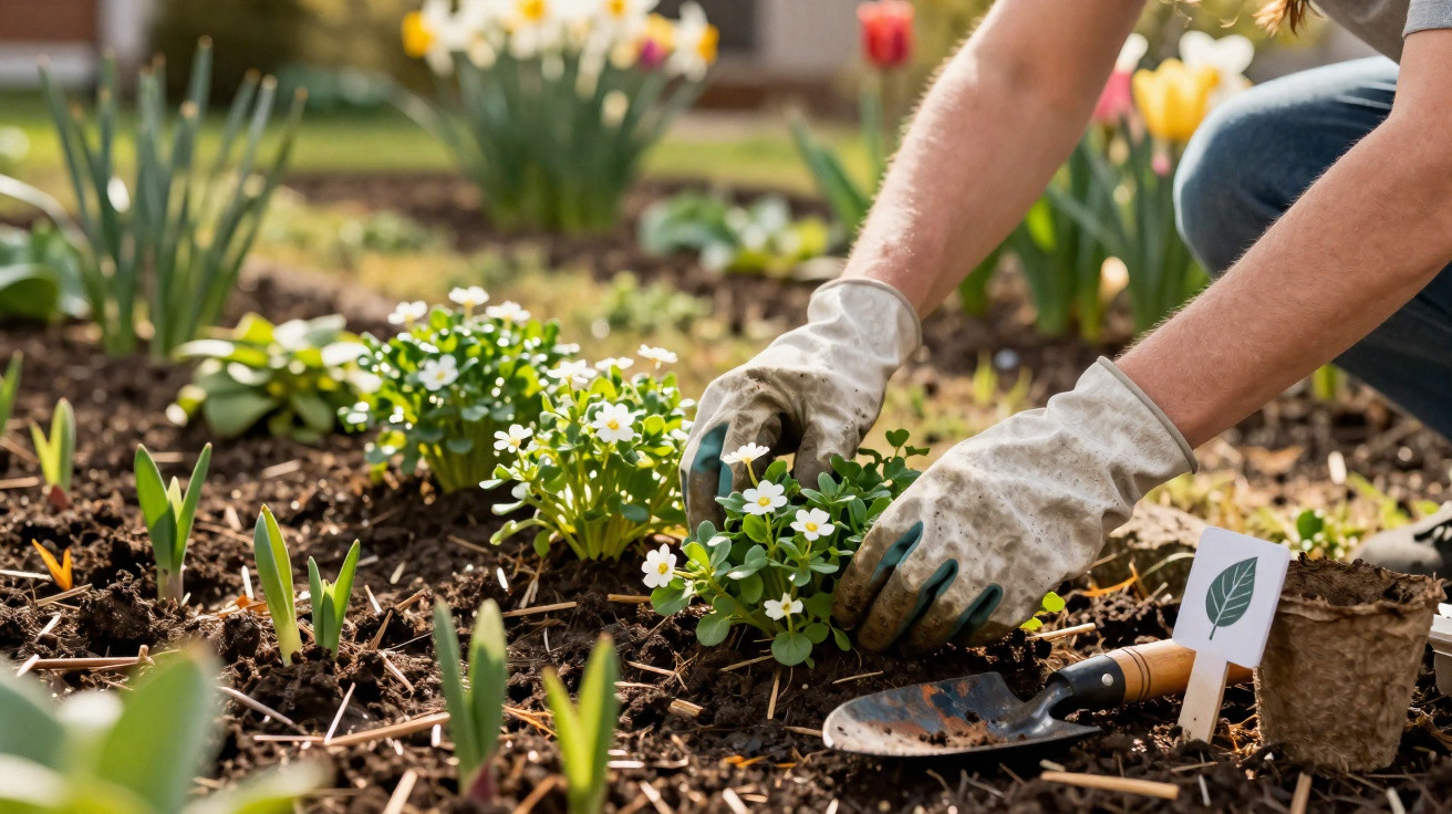 Pessoa a plantar flores brancas num canteiro de jardim, com luvas e ferramentas de jardinagem.