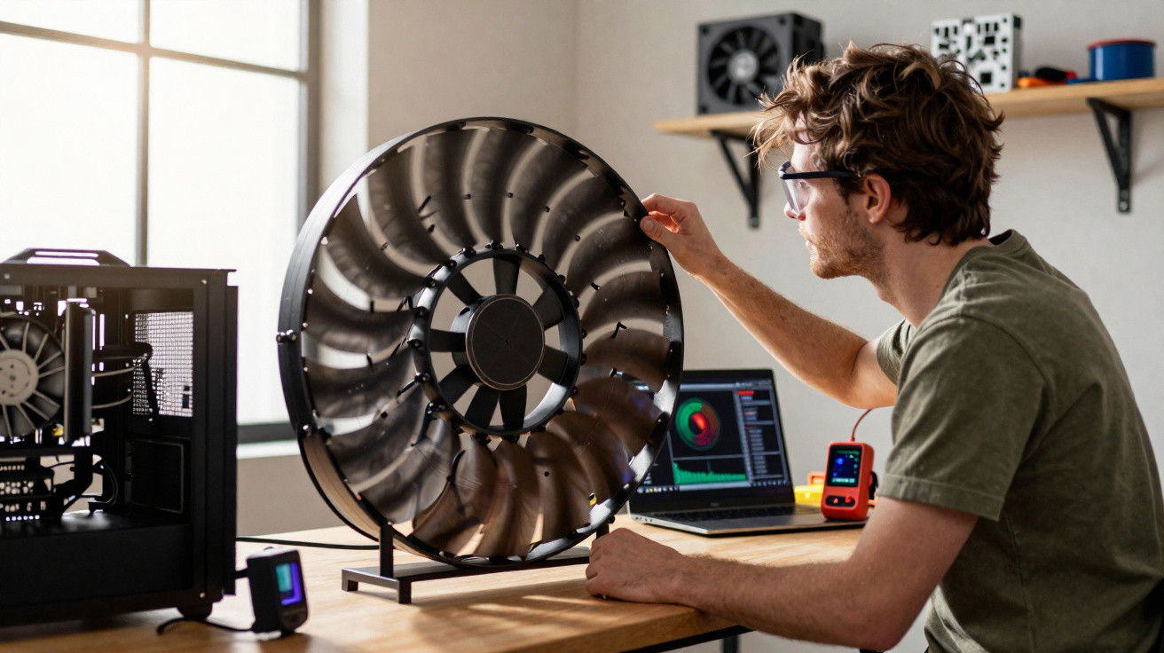 Homem com óculos analisa rotor metálico grande numa oficina com computador e equipamentos técnicos.