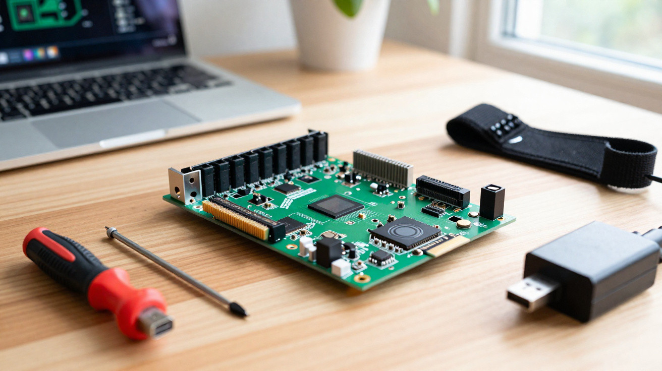 Placa eletrónica verde sobre mesa de madeira com ferramentas, cabo USB e computador portátil ao fundo.