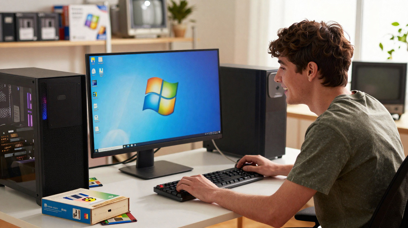Jovem a sorrir enquanto usa computador de secretária com sistema operativo Windows numa divisão bem iluminada.