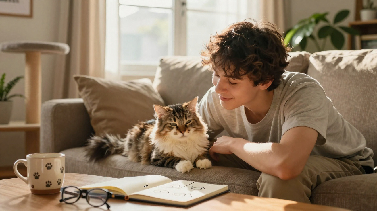 Pessoa sentada no sofá a sorrir para gato felpudo, com livro aberto e óculos na mesa à frente.