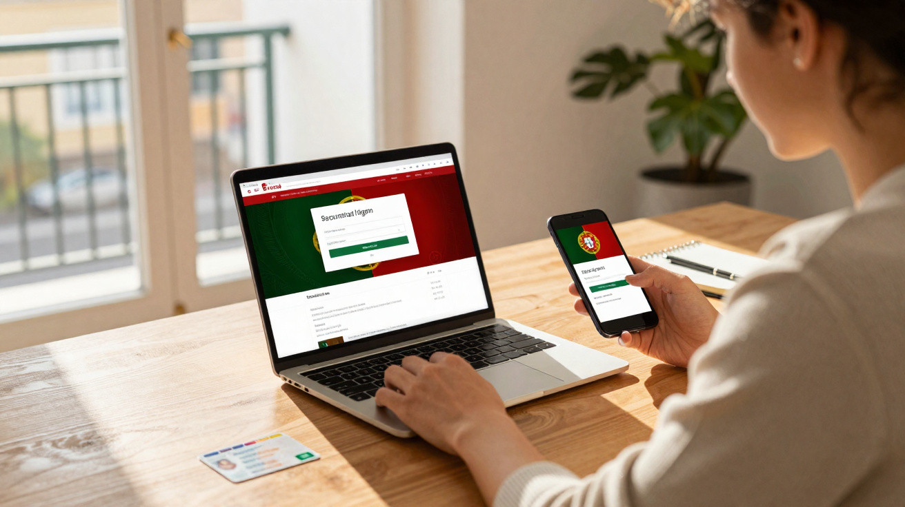 Pessoa a fazer login em site governamental português num portátil e telemóvel, com cartão de cidadão na mesa.