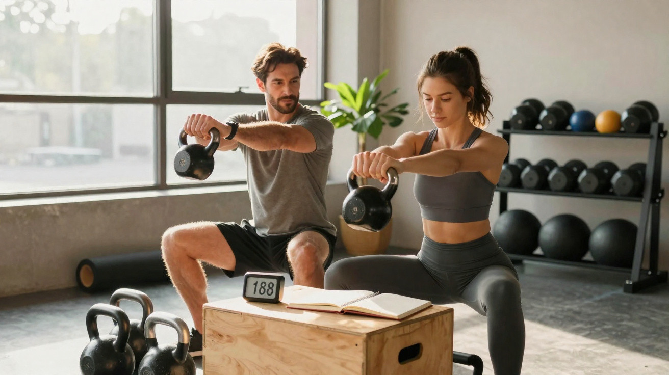 Homem e mulher a realizar exercício com kettlebells sentados em banco numa ginásio iluminado.