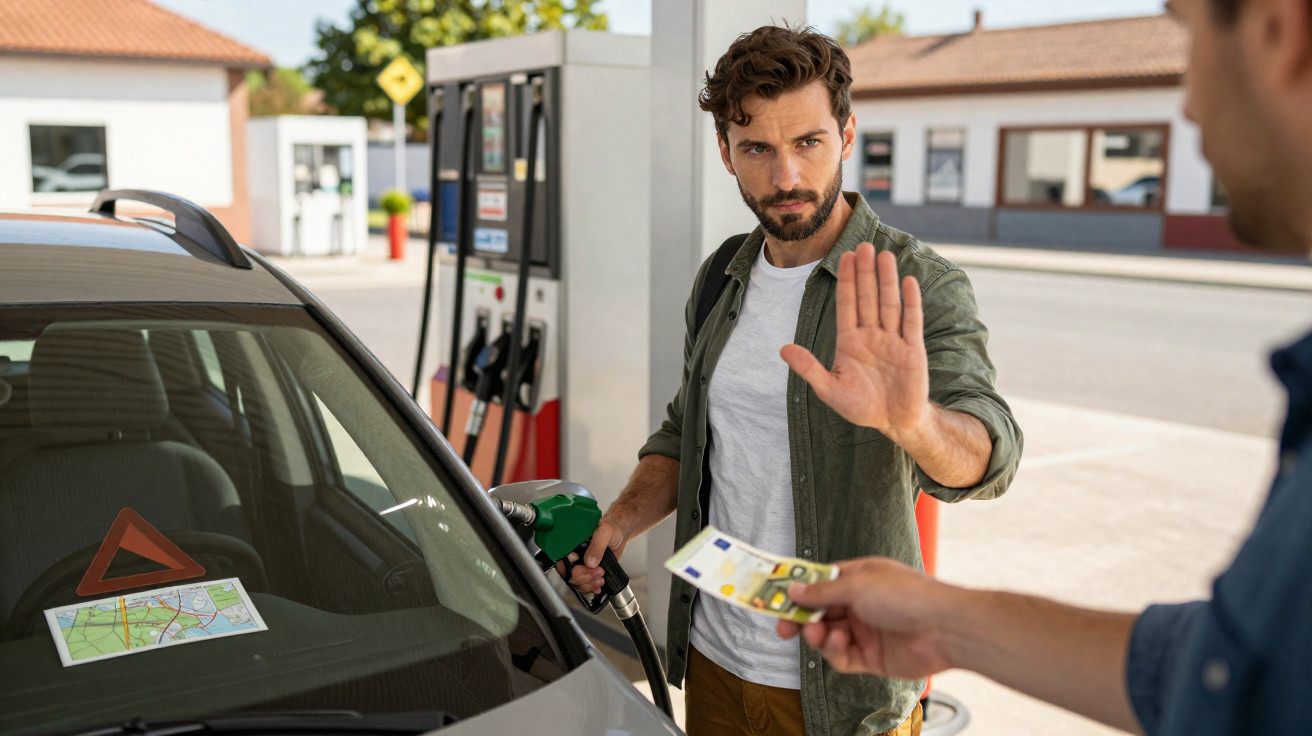 Homem na bomba de gasolina recusa pagar com dinheiro e sinaliza para parar.