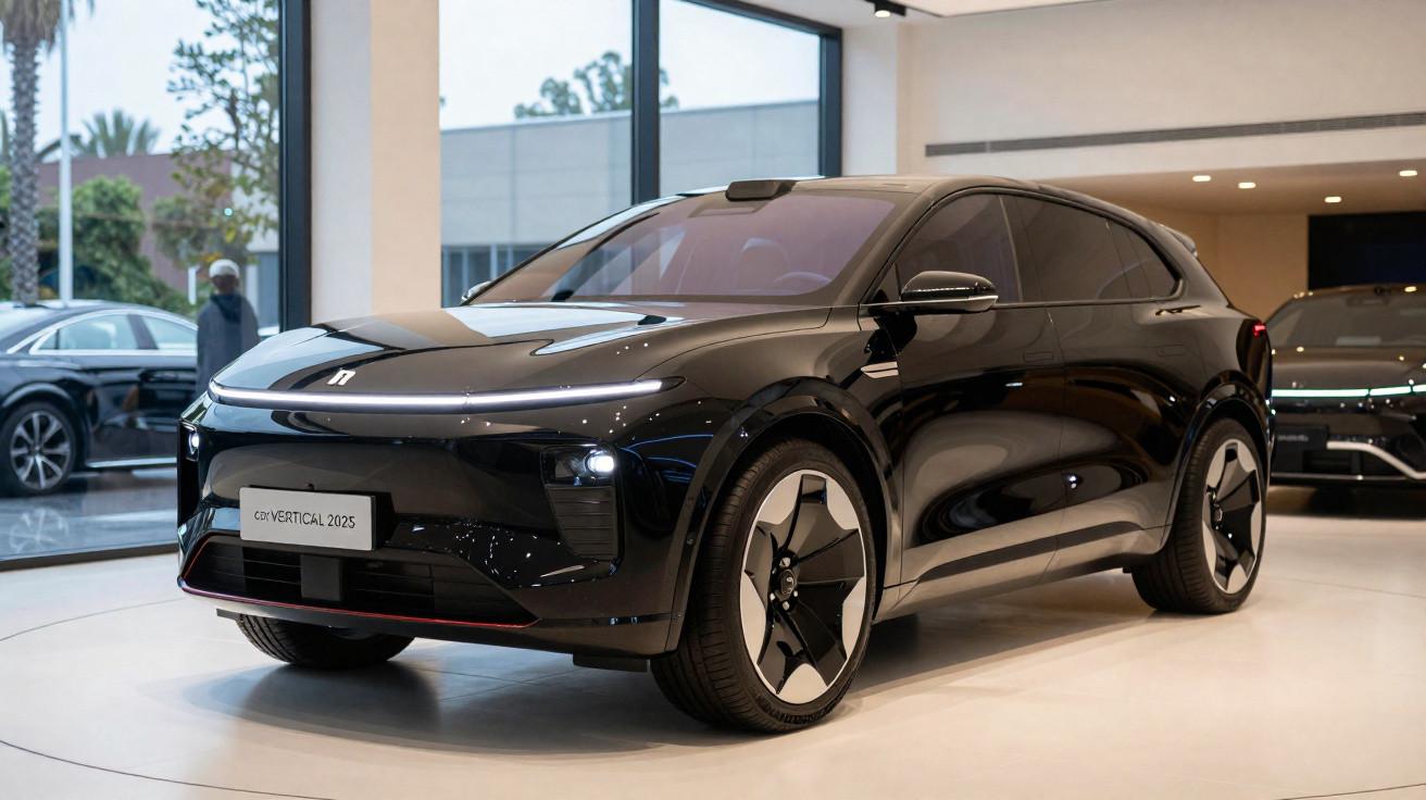 Carro elétrico moderno e preto exposto numa sala de showroom com vidros grandes ao fundo.