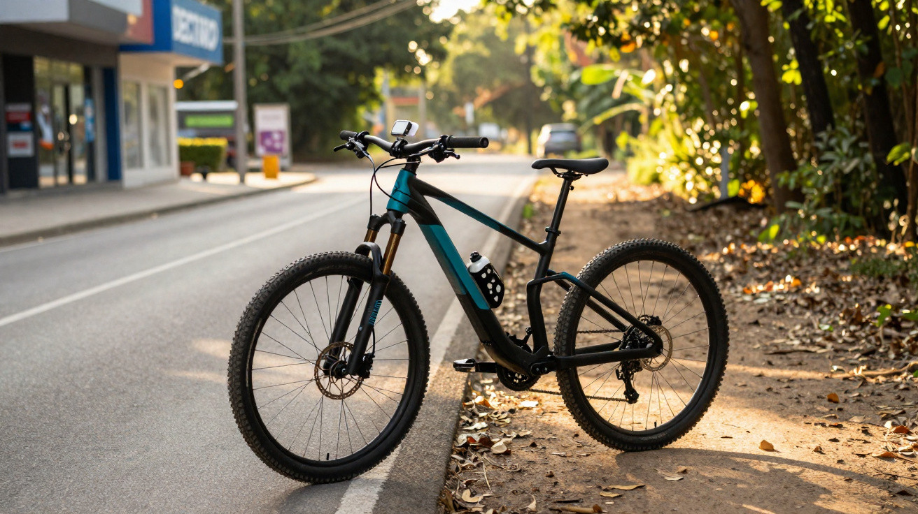 Bicicleta de montagem preta e azul estacionada em passeio ao lado de estrada com vegetação e edifícios ao fundo.