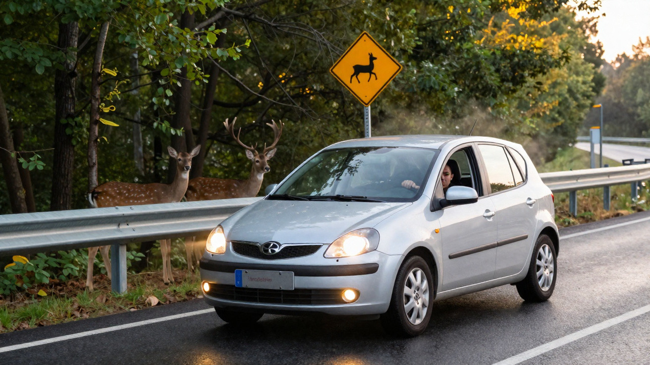 Carro cinzento parado na estrada junto a placa de aviso de veados com três veados atrás do gradeamento.