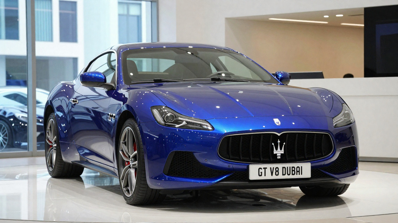 Carro desportivo azul Maserati GT V8 Dubai em exposição numa sala moderna com chão branco e vidro.