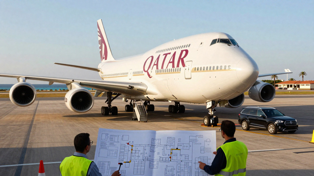 Avião da Qatar parado na pista com dois homens a consultar um plano na frente, sob céu claro.