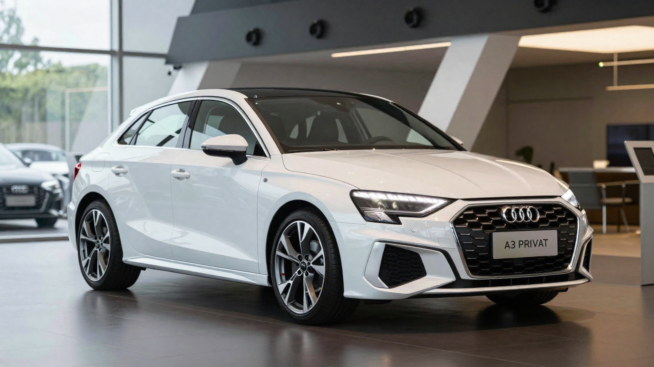 Carro Audi A3 branco estacionado em sala de exposição moderna com luz natural e piso cinzento.