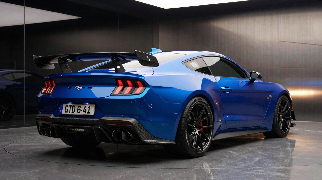 Carro desportivo azul com aerofólio traseiro e jantes pretas, estacionado em piso brilhante interior.