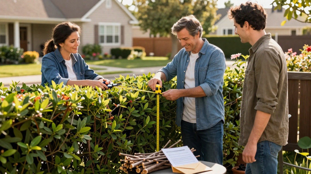 Três pessoas medem e cortam um sebe num jardim com ferramentas de jardinagem numa aldeia residencial.
