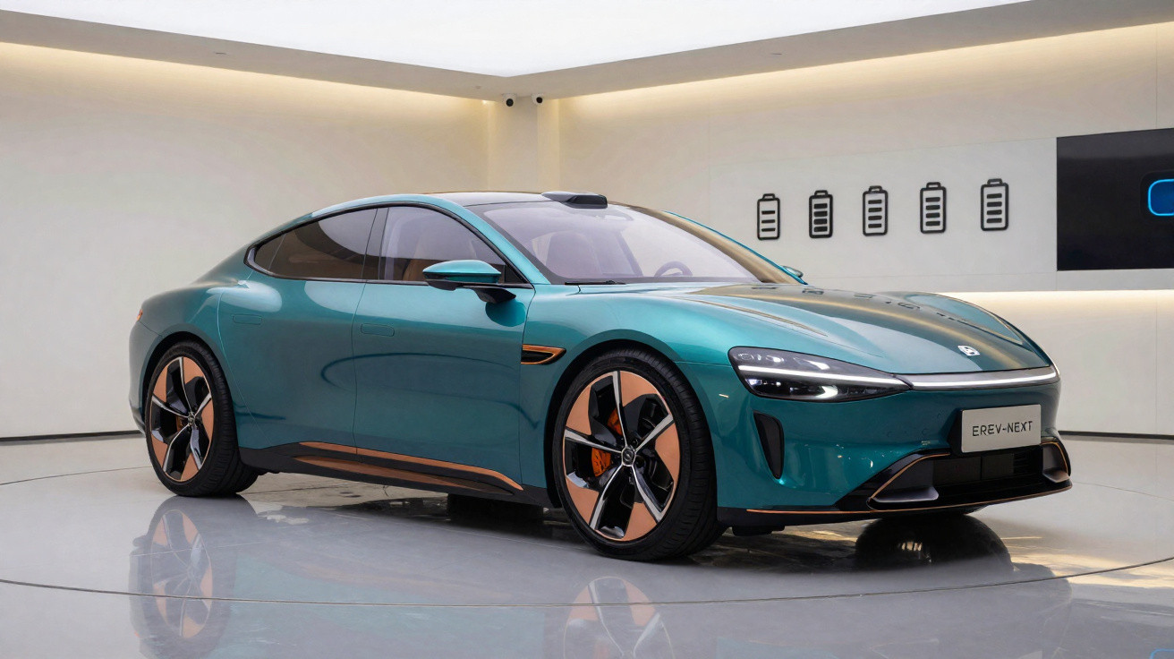 Carro elétrico verde azulado com design moderno exposto numa sala branca minimalista.