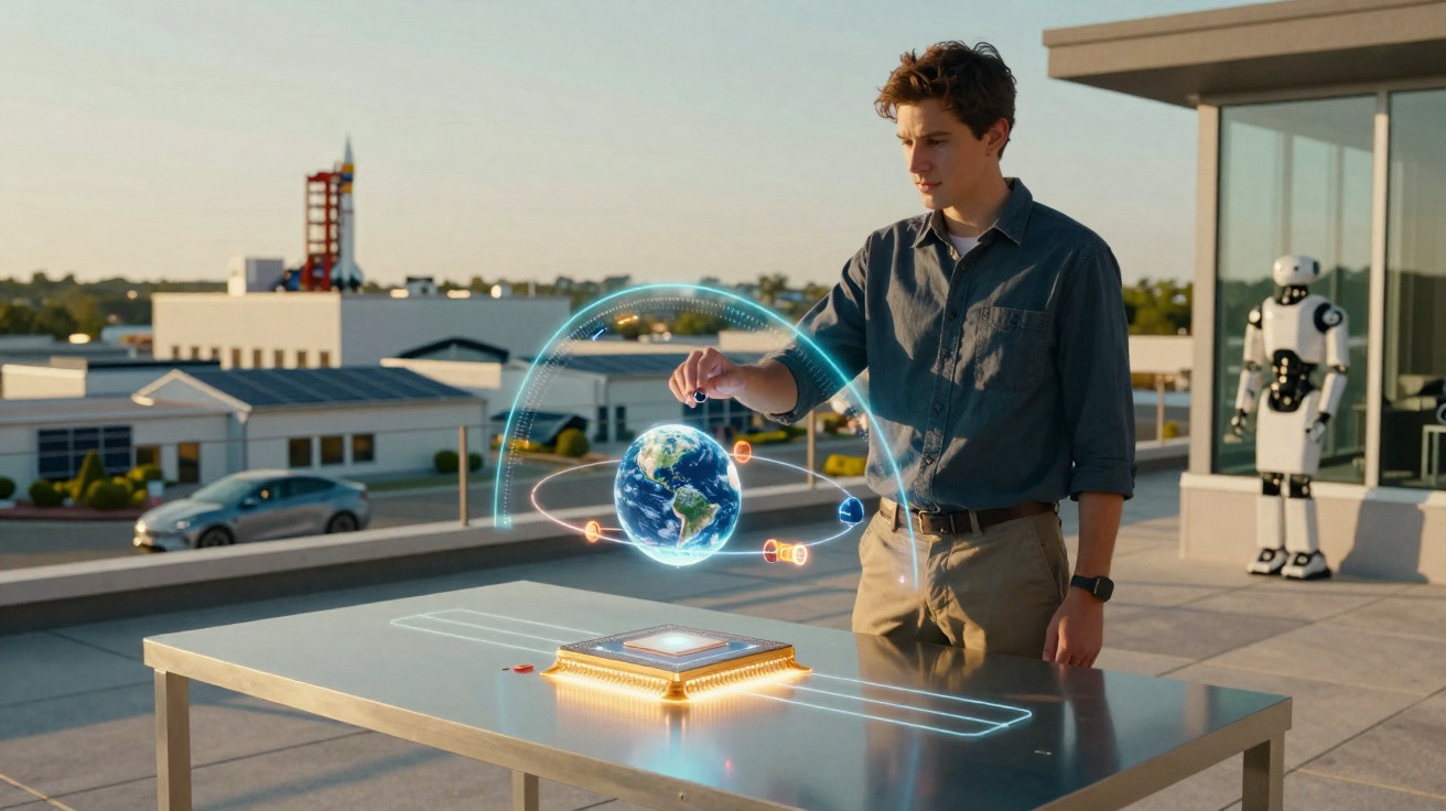 Jovem interage com holograma do planeta Terra numa mesa futurista ao ar livre enquanto um robô observa.