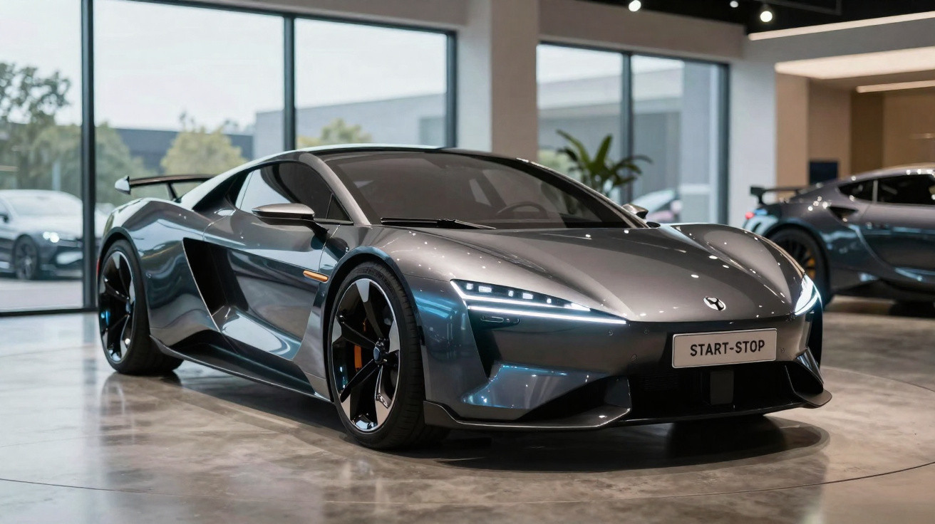 Carro desportivo cinza metálico com faróis LED e spoiler traseiro numa exposição interior moderna.