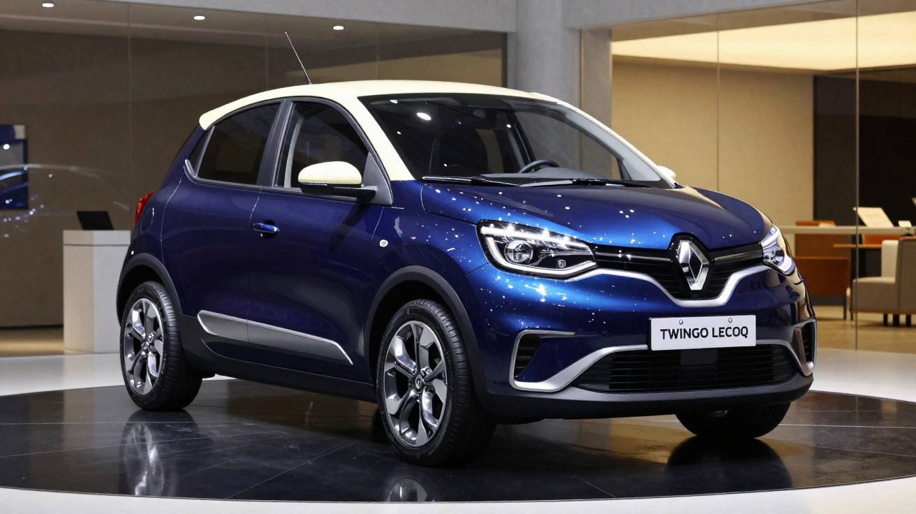Carro Renault Twingo Lecoq azul metálico com tejadilho branco exposto num salão moderno.