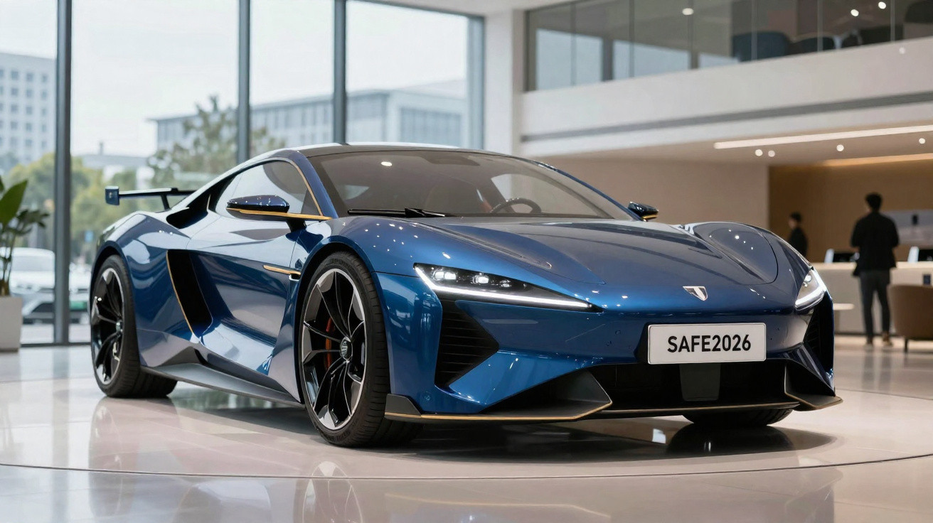 Carro desportivo azul metálico estacionado num salão moderno com janelas grandes e pessoas ao fundo.