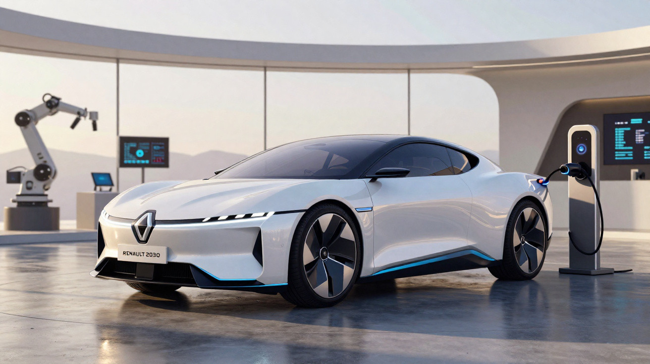 Carro elétrico conceito branco da Renault 2030 a ser carregado numa estação futurista em ambiente interior.