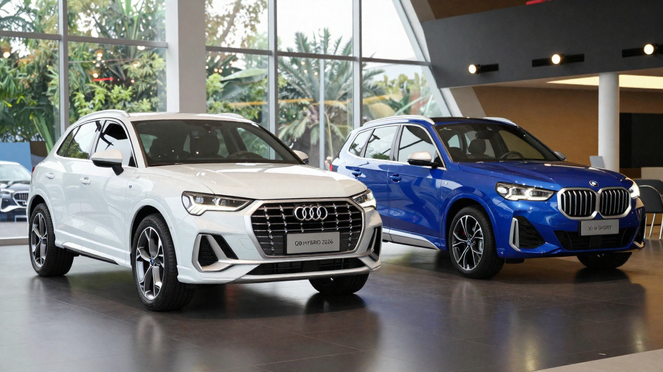 Dois SUV modernos numa exposição, um Audi branco Q3 híbrido 2024 e um BMW X1 azul.