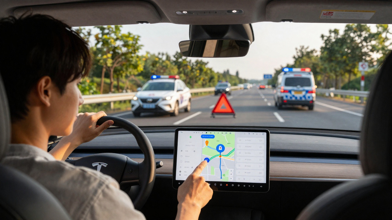 Condutor a usar GPS num Tesla parado atrás de viaturas policiais com triângulo de segurança na estrada.