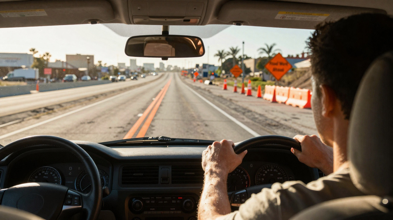 Homem a conduzir um carro numa estrada com obras, vista interior do veículo e sinais de trânsito.