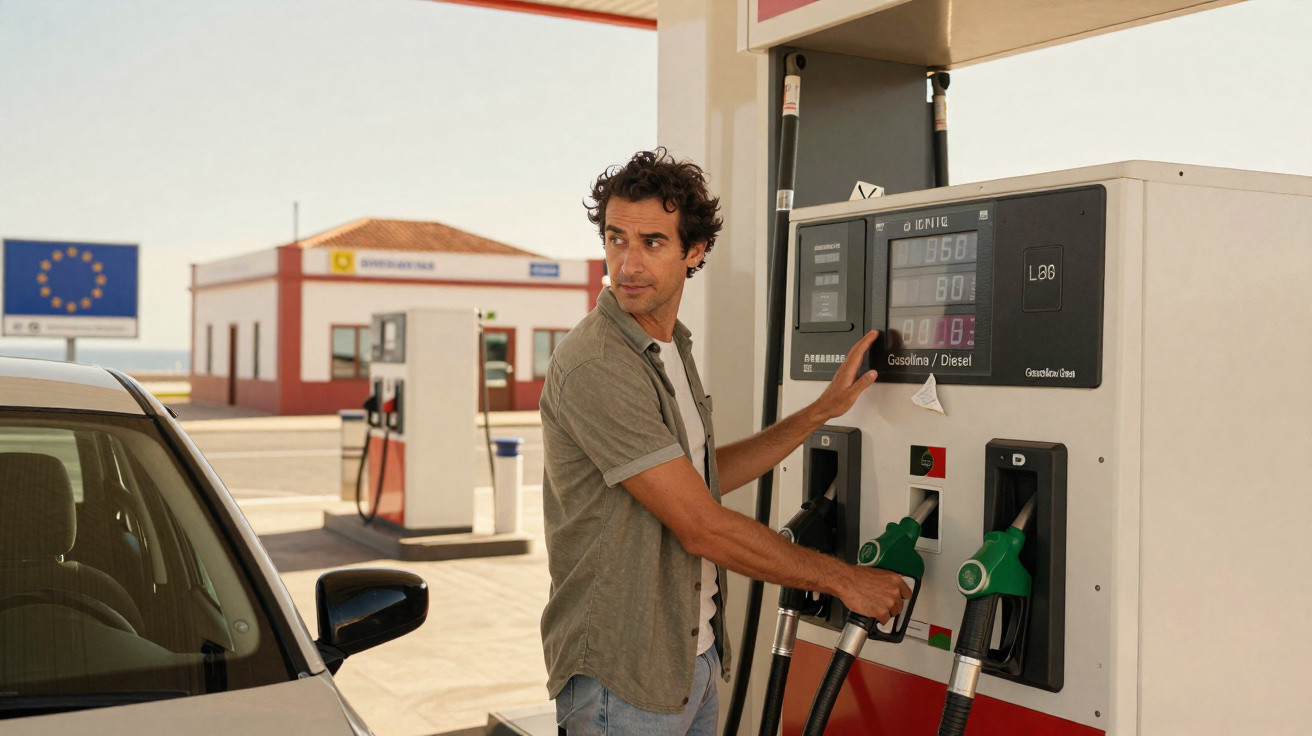 Homem a abastecer carro com gasolina numa bomba de combustível numa estação de serviço ao ar livre.