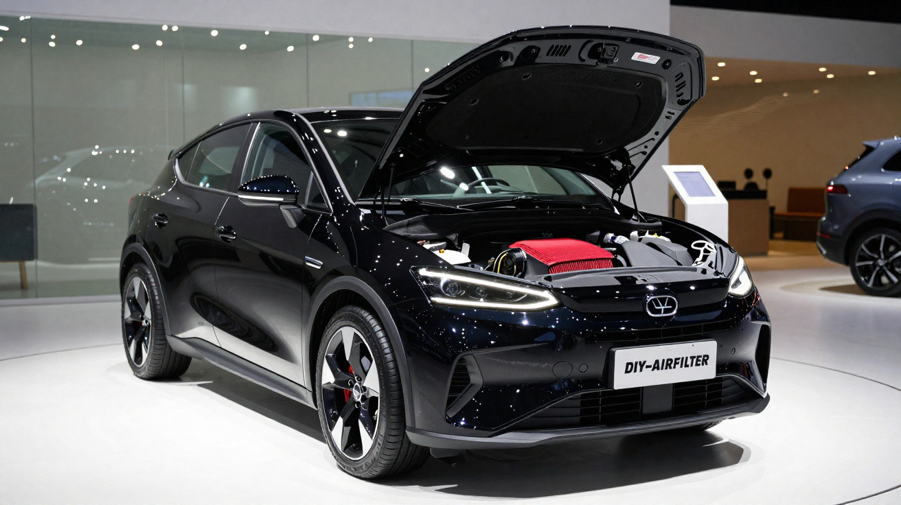 Carro preto com capô aberto exibindo motor, exposto num salão automóvel moderno.