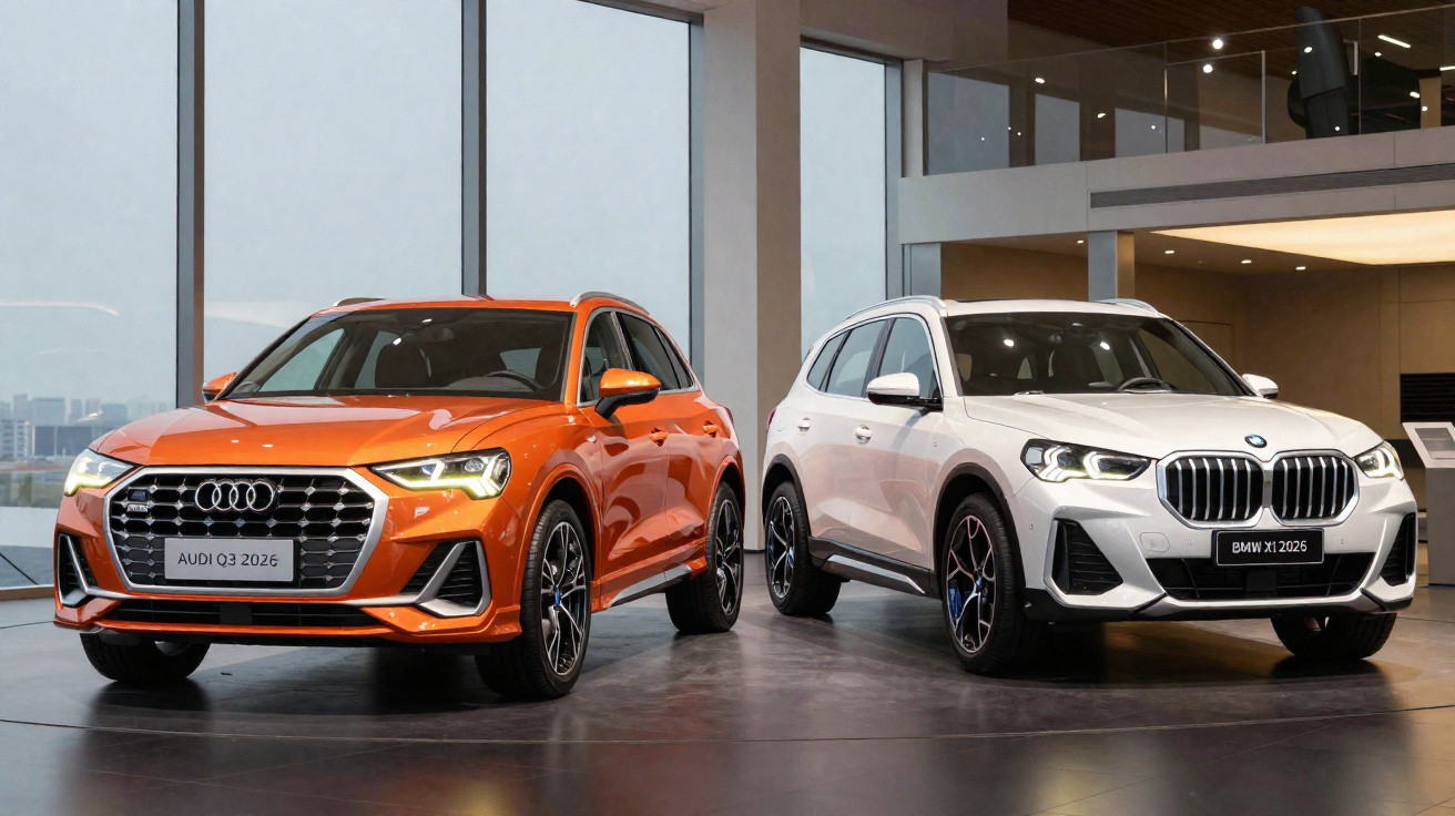 Dois SUV modernos em exposição, Audi Q3 laranja 2026 e BMW X1 branco 2025, em ambiente interior luminoso.