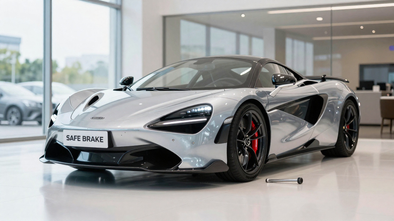 Carro desportivo cinzento brilhante com jantes pretas e travões vermelhos numa exposição interior.