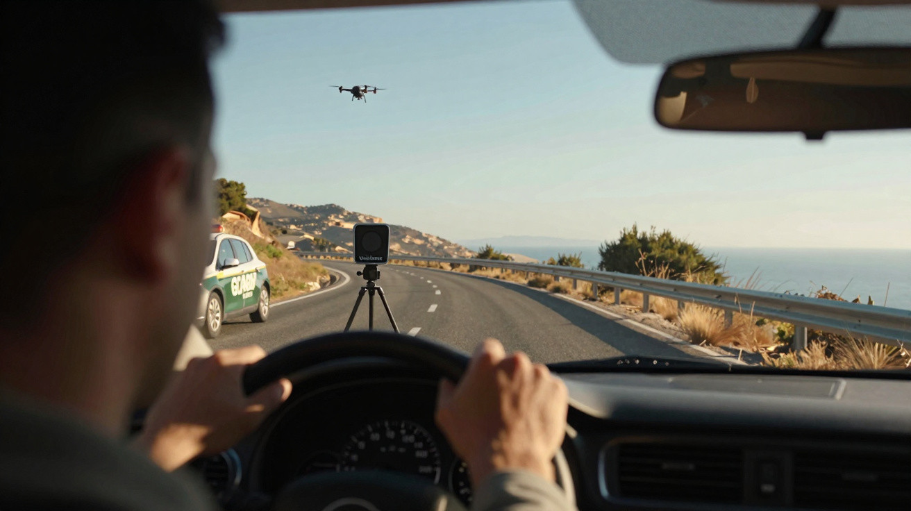 Condutor a olhar para um drone e um dispositivo de radar numa estrada costeira sinuosa ao entardecer.