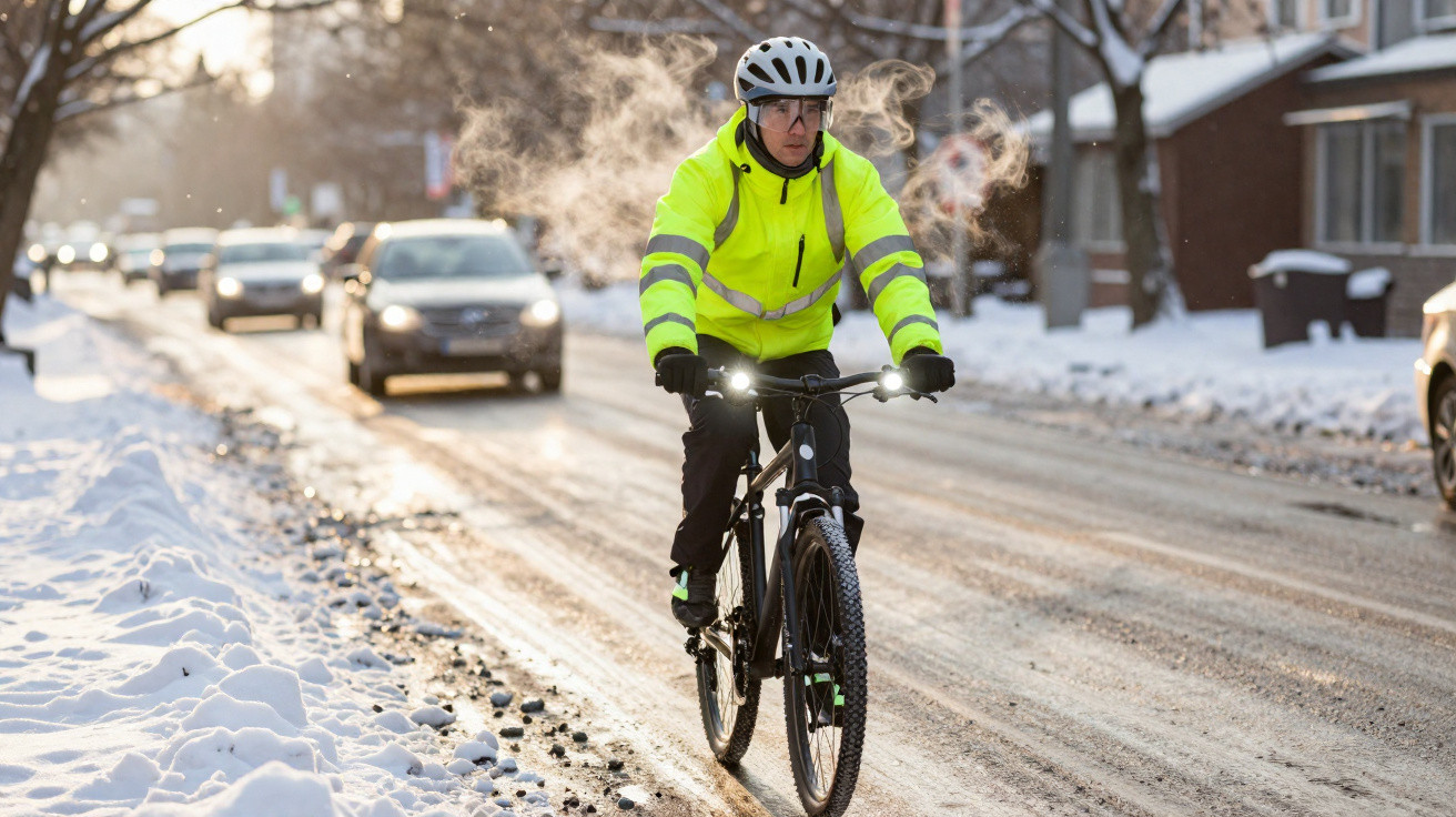 Homem com equipamento fluorescente e capacete a andar de bicicleta numa estrada nevosa com carros ao fundo.