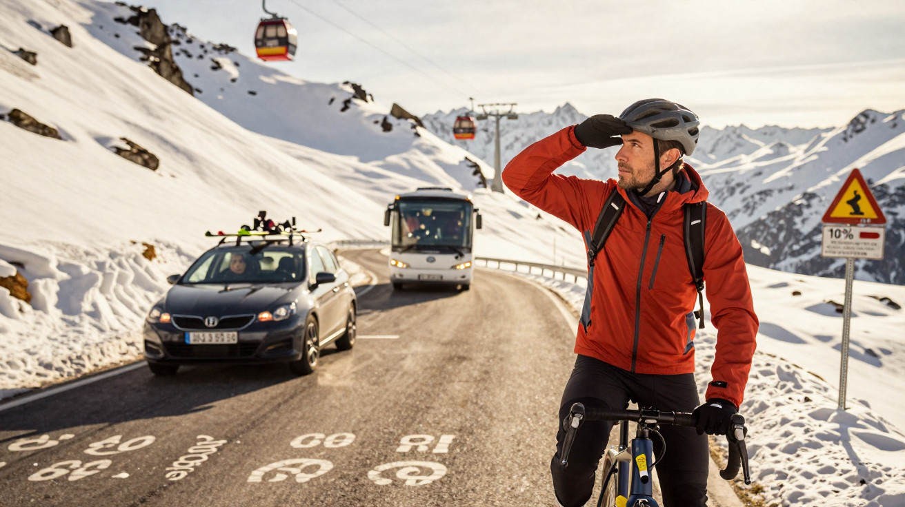 Homem de capacete e casaco vermelho numa bicicleta numa estrada de montanha com neve, carros e teleféricos ao fundo.