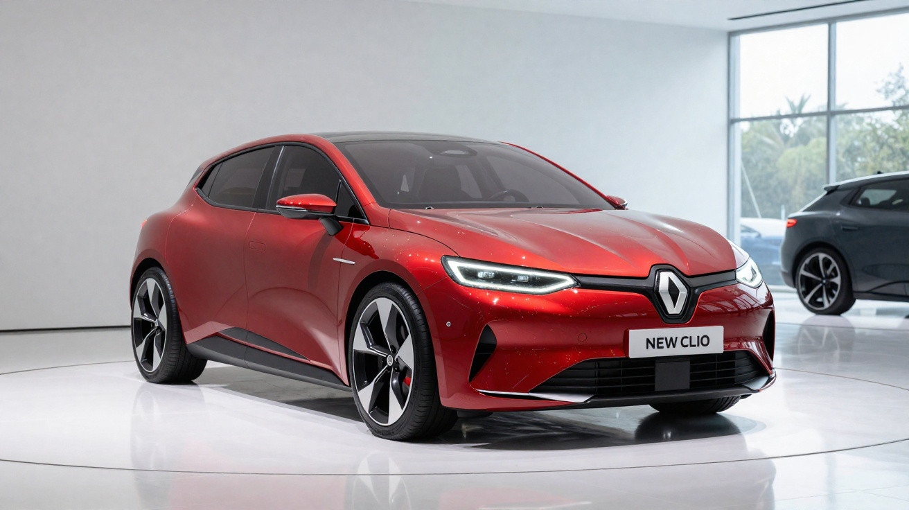 Carro vermelho Renault New Clio exposto em plataforma branca numa sala moderna com janelas grandes.