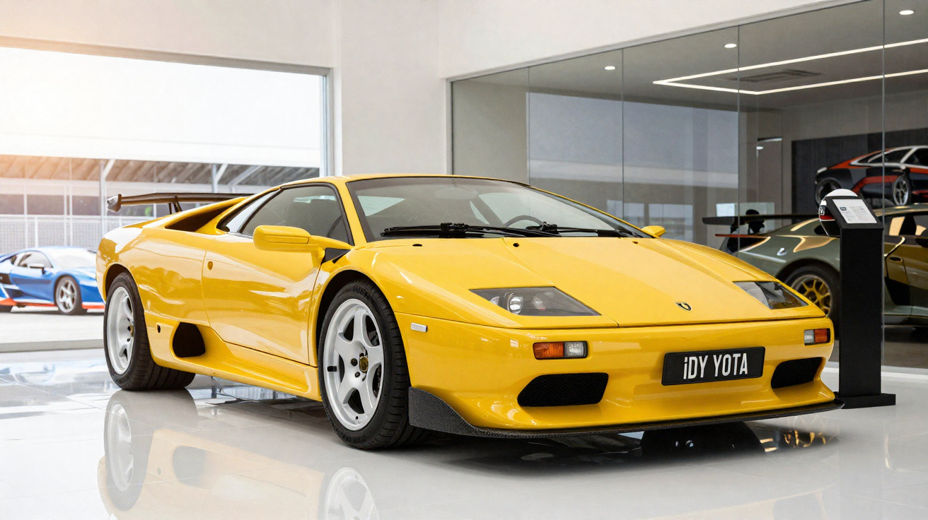 Carro desportivo amarelo Lamborghini Diablo estacionado em interior de museu ou exposição automóvel.