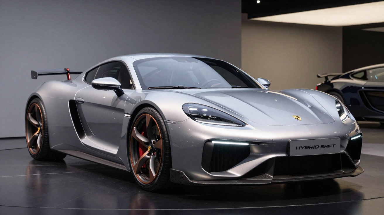 Carro desportivo cinzento prateado Porsche híbrido em exposição com rodas castanho cobre e spoiler traseiro.