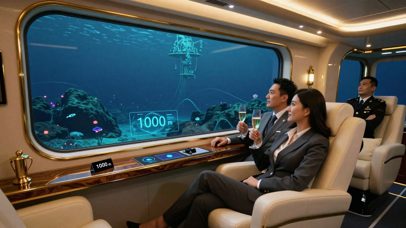 Duas pessoas numa sala luxuosa de submarino observam o fundo do mar com champanhe na mão.