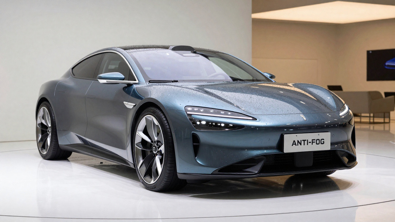 Carro desportivo elétrico cinza com design elegante exposto em ambiente moderno com chão branco.