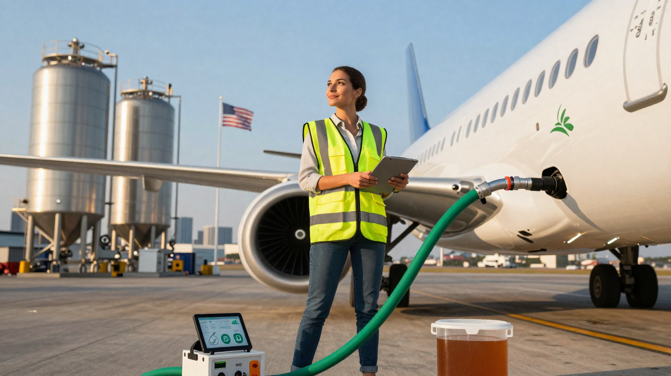 Mulher com colete refletor verifica abastecimento de combustível sustentável em avião no aeroporto.