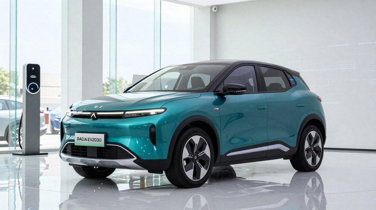 Carro eléctrico Dacia EV2030 azul em exposição numa sala moderna com carregador ao lado.