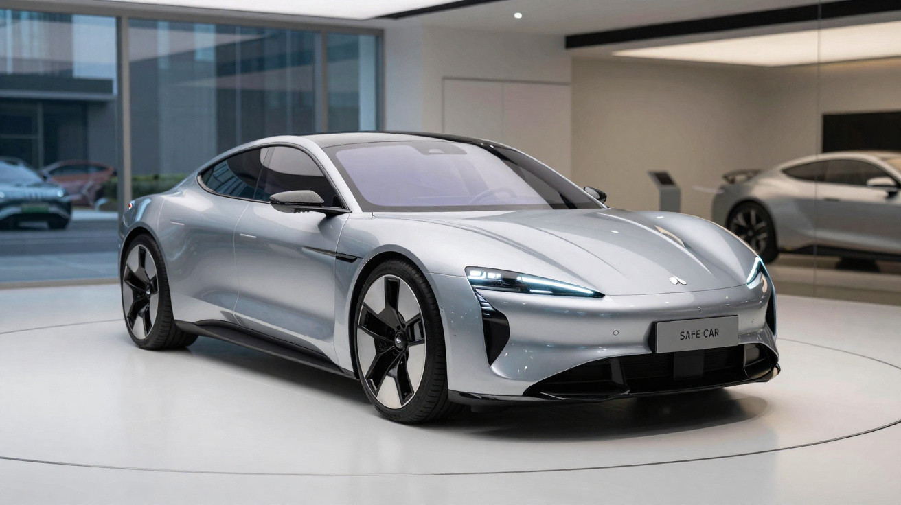 Carro elétrico prateado com design futurista exposto em ambiente moderno com espelhos.