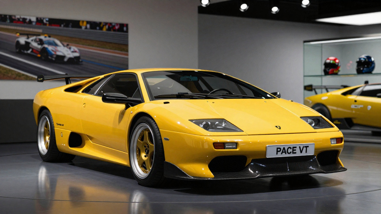 Carro desportivo amarelo Lamborghini Diablo PACE VT em exposição num museu automóvel moderno.