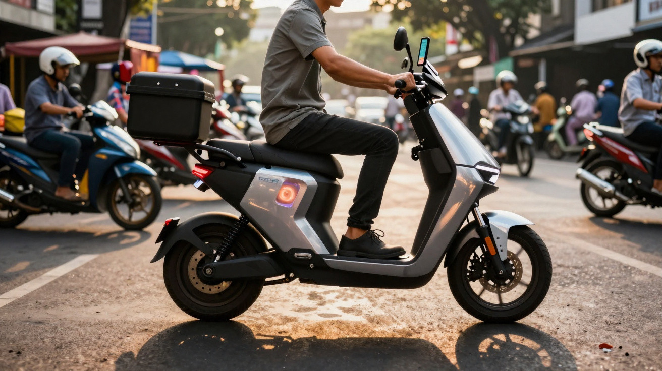 Homem a andar numa scooter elétrica cinzenta num cruzamento urbano com outras motos ao fundo.
