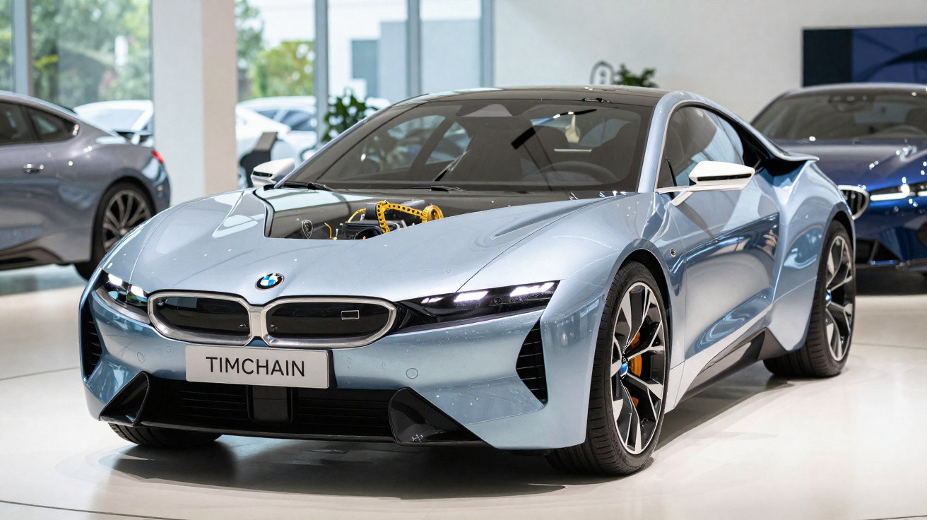 Carro desportivo elétrico BMW azul claro com capô transparente exibindo motor, em salão de exposições.
