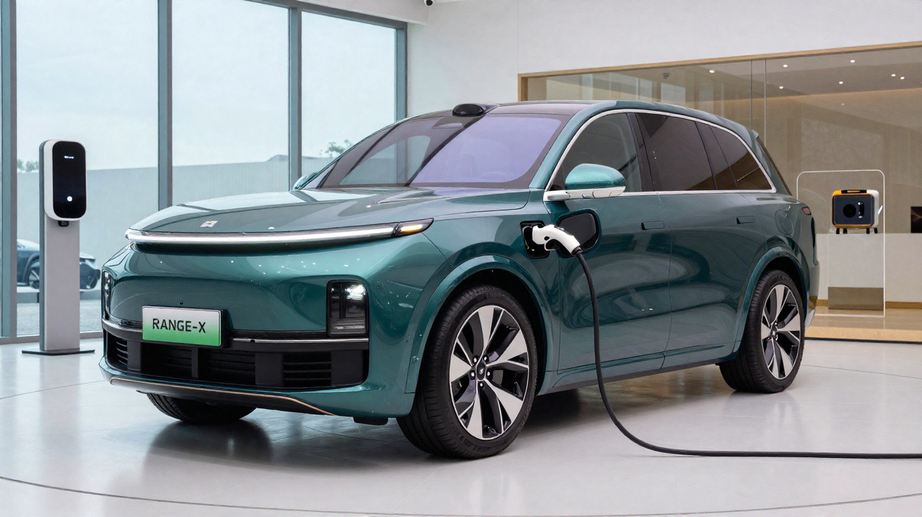 Carro elétrico SUV verde a carregar numa estação de carregamento numa sala moderna.