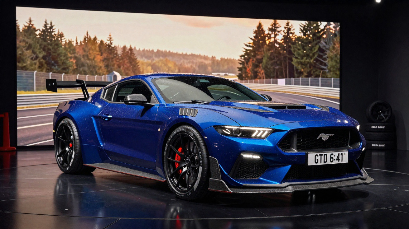 Carro desportivo azul com design agressivo exposto em salão automóvel com fundo de floresta.