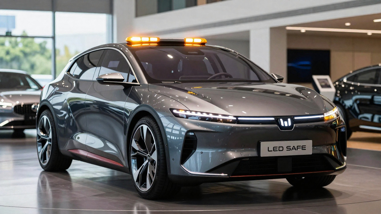 Carro elétrico cinzento com luzes LED amarelas no tejadilho, estacionado em showroom moderno.